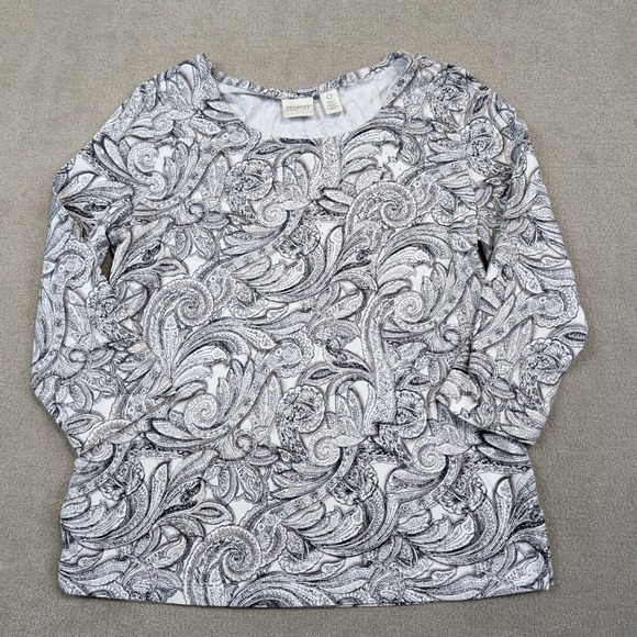 Zenergy Chicos Paisley 3/4 Sleeve Top Size 0 Small White Black Rhinestone Boho — photo 2